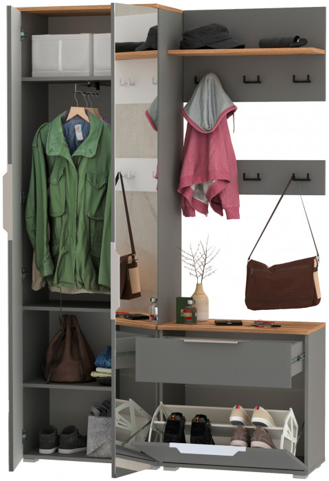 Октава Прихожая 12, цвет серый графит/дуб крафт золотой/фасады МДФ серый графит, ШхГхВ 129,3х35,4х197,6 см., универсальная сборка