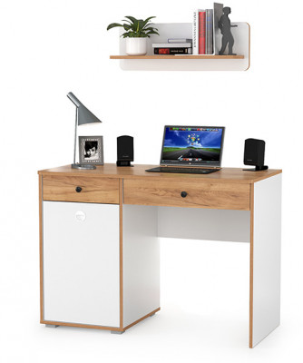 Вуди письменный стол 12.42 + Полка 15.46, белый премиум/дуб крафт золотой