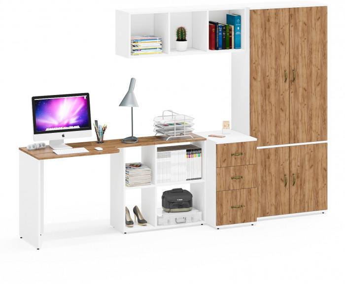 Лидер-8 Стол + Полка + Тумба МД 3.16 + Шкаф МД 20Б, белый шагрень/крафт золото