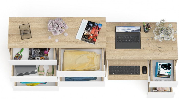 Мори Стол компьютерный МС-6 правый + Комод МК1200.8, цвет дуб сонома/белый, ШхГхВ 210,4х50х94 см., выдвижные ящики справа, НЕ универсальная сборка