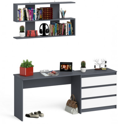 Мори Стол письменный МСП1200.1 + Комод МК800.1 + Полка 1200, цвет графит/белый, ШхГхВ 200,8х50х209,6 см., универсальная сборка