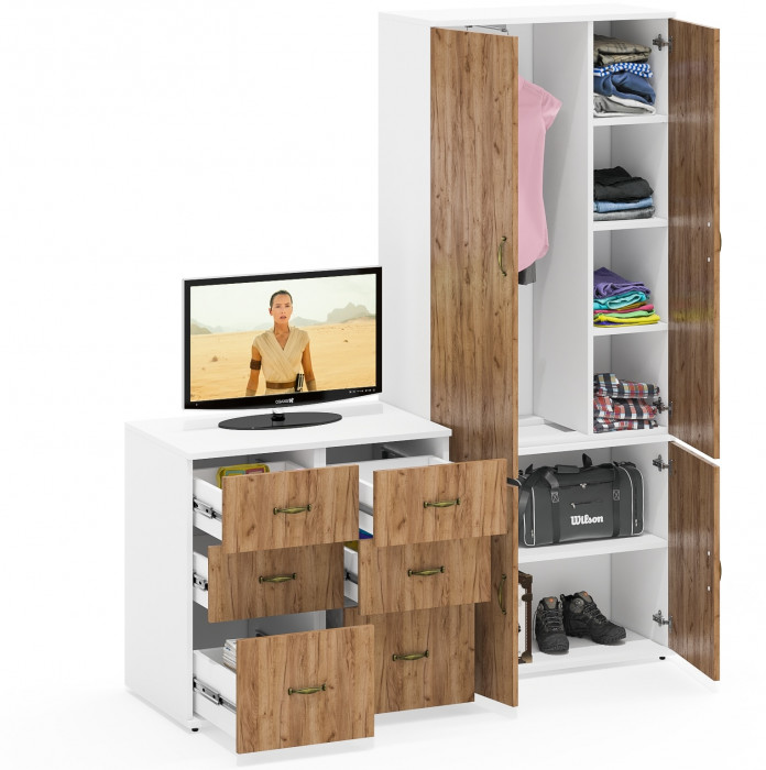 Лидер-8 Шкаф МД 20Б + Тумба МД 3.16 + Тумба МД 3.16, цвет белый шагрень/крафт золото, ШхГхВ 160х50х190 см., НЕ универсальная сборка