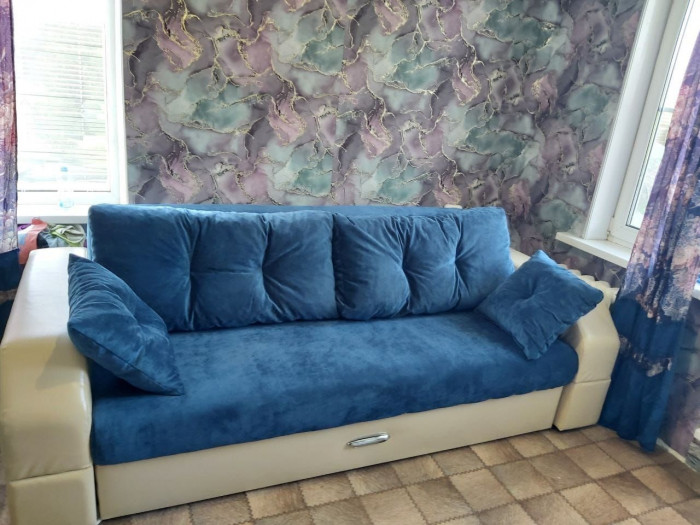 Диван-кровать Манчестер, еврокнижка, велюр/экокожа, 150х195, синий