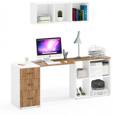 Лидер-8 Стол + Полка + Тумба МД 3.16, белый шагрень/крафт золото