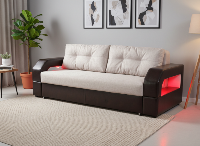 Диван-еврокнижка Манчестер 160х200, с подсветкой, велюр/экокожа бежевая/коричневая