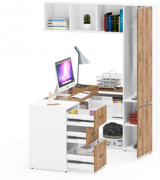 Лидер-8 Стол + Полка + Тумба МД 3.16 + Пенал МД 21Б, цвет белый шагрень/крафт золото, ШхГхВ 245х50/37,5х75/190 или 155х120/50х75/190 см., НЕ ун. сб.