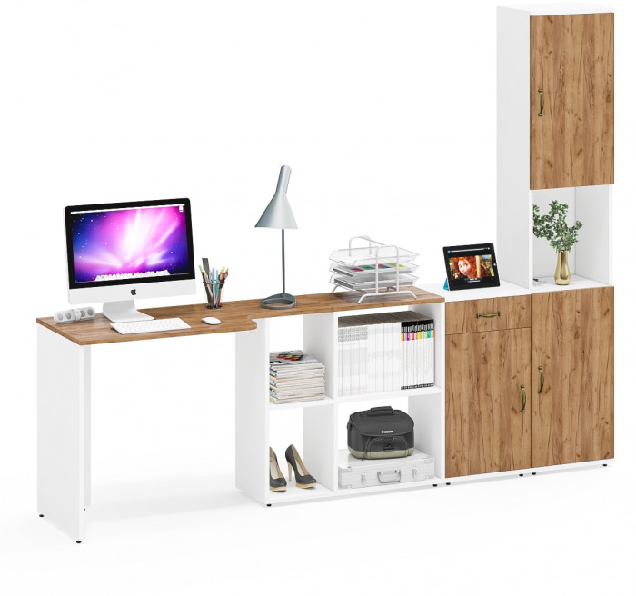 Лидер-8 Стол + Тумба МД 3.15 + Пенал, цвет белый шагрень/крафт золото, ШхГхВ 245х50/30х75/190 см. или 115х50/160х75/190 см., НЕ универсальная сборка