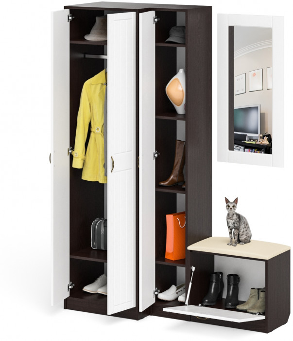 Прихожая П-6 Компоновка № 26, венге/фасады МДФ белое дерево фрезеровка прованс