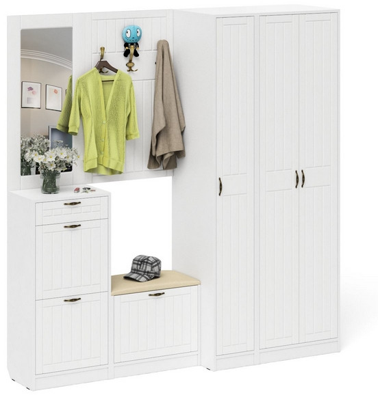 Прихожая П-6 Компоновка № 51, белая шагрень/фасады МДФ белое дерево фрезеровка прованс