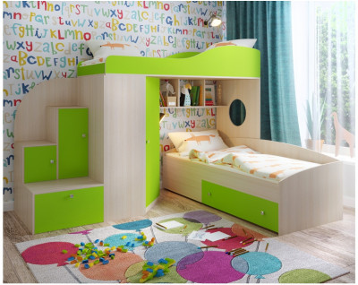 Кровать-чердак Кадет 2 (Дуб молочный/Лайм)