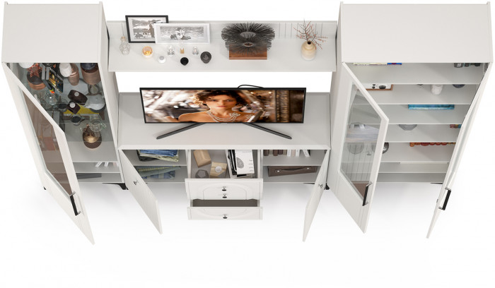 Валенсия Гостиная № 098, цвет ЛДСП белый шагрень/МДФ белый шагрень, ШхГхВ 272,3х38,4х225,2 см., ниша для ТВ 133х38х100 см., универсальная сборка