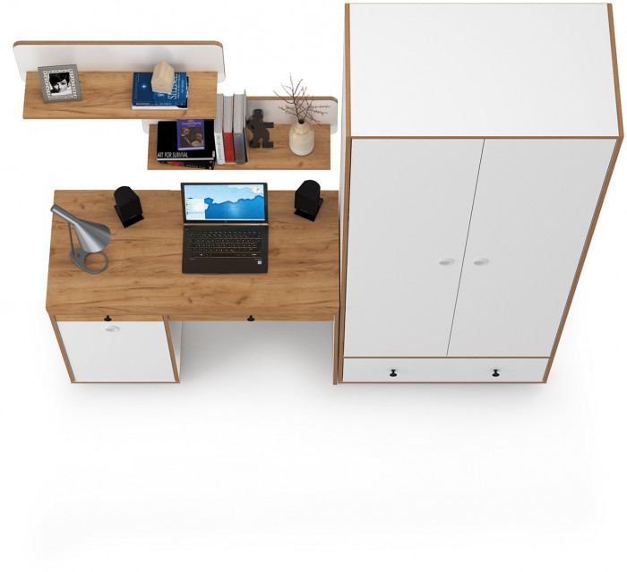 Вуди Компоновка № 19, цвет белый премиум/дуб крафт золотой, ШхГхВ 196х52,7х205 см., универсальная сборка