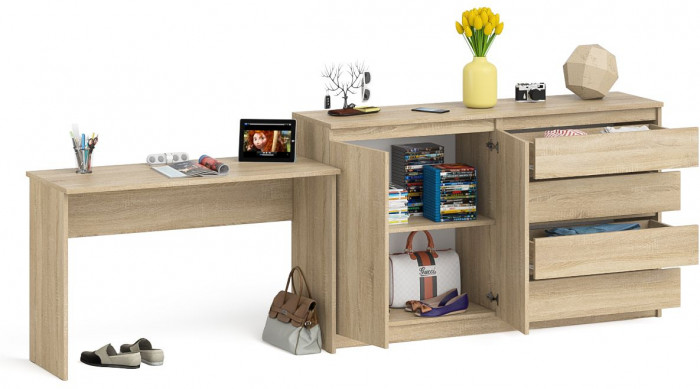 Мори Стол письменный МСП1200.1 + Комод МК1600.1, цвет дуб сонома, ШхГхВ 280,8х50х94 см., универсальная сборка
