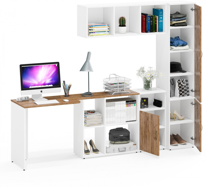 Лидер-8 Стол + Полка + Тумба МД 3.19 + Пенал МД 22Б, белый шагрень/крафт золото