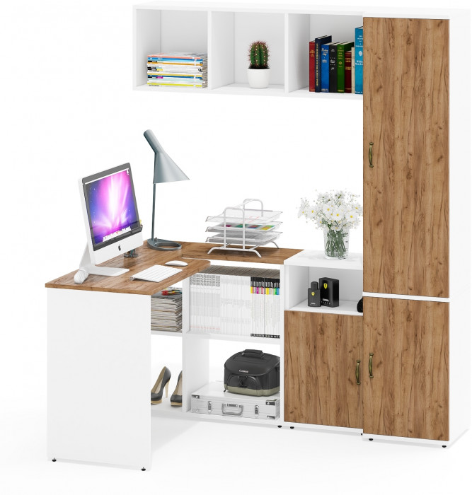 Лидер-8 Стол + Полка + Тумба МД 3.19 + Пенал МД 22Б, белый шагрень/крафт золото