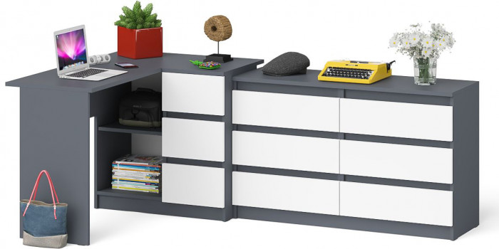 Мори компьютерный стол МС-16 правый + Комод МК1200.6, графит/белый