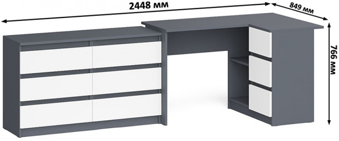 Мори компьютерный стол МС-16 правый + Комод МК1200.6, графит/белый