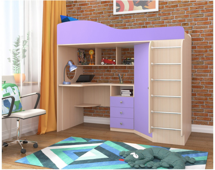 Кровать-чердак Кадет 1 с металлической лестницей (Дуб молочный/Оранжевый)