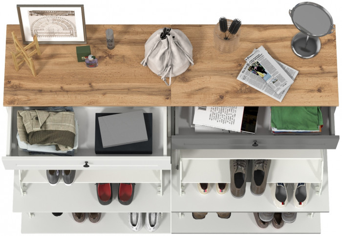 Остин 16.121 Тумба для обуви + 16.121 Тумба для обуви, белый шагрень/серый графит/дуб крафт золотой