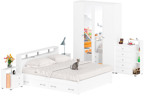 Камелия спальня № 11 Кровать с ящиками 1800 + Две тумбы + Комод + Шкаф 4-х створчатый, цвет белый, сп.м. 1800х2000 мм., б/м, основание есть