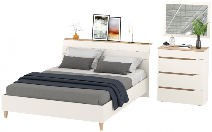 Муссон Кровать 11.41 + ортопед + Комод 13.97 + Зеркало СВК, цвет белый/дуб эндгрейн элегантный, сп. м. 1600х2000 мм., б/м