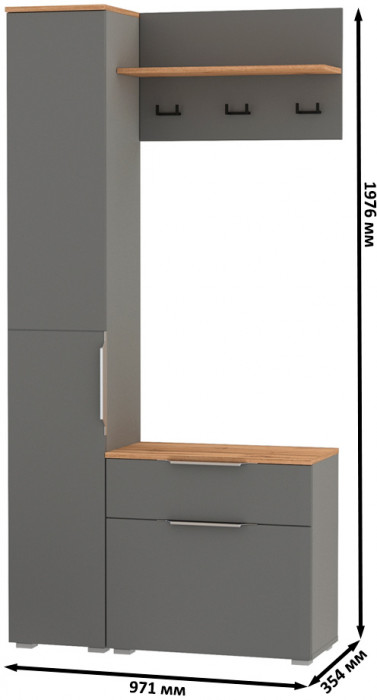 Октава Прихожая 14, цвет серый графит/дуб крафт золотой/фасады МДФ серый графит, ШхГхВ 97,1х35,4х197,6 см., универсальная сборка