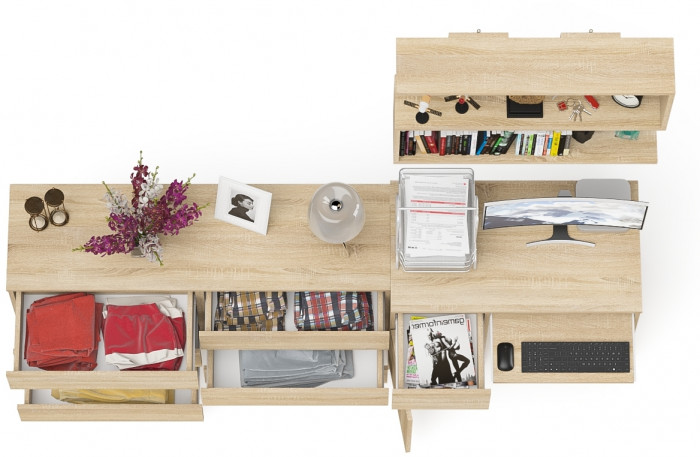 Мори компьютерный стол МС-1 левый + Комод МК1380.6 + Полка 900, дуб сонома