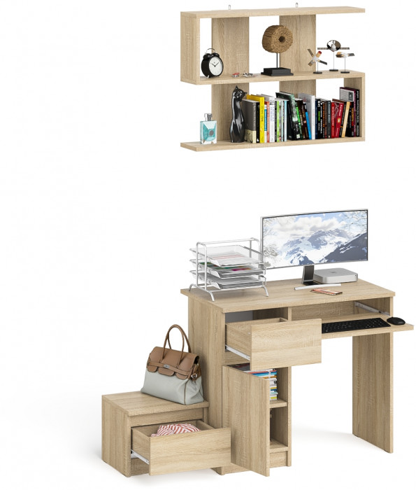 Мори компьютерный стол МС-1 левый + Тумба ТМП400.1 + Полка 900, дуб сонома