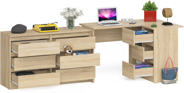 Мори компьютерный стол МС-16 правый + Комод МК1200.6, дуб сонома