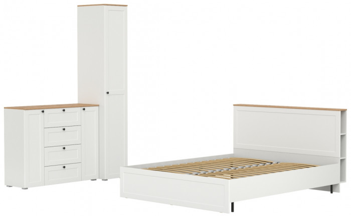 Остин 11.53 Кровать + ортопед + 13.225 Шкаф-пенал + 16.221 Комод, белый шагрень/дуб крафт золотой