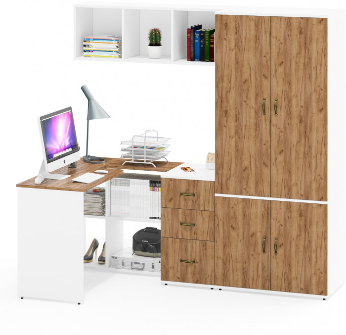 Лидер-8 Стол + Полка + Тумба МД 3.16 + Шкаф МД 19Б, цвет белый шагрень/крафт золото, ШхГхВ 285х50/50х75/190 или 115х200/50х75/190 см., НЕ ун. сб.