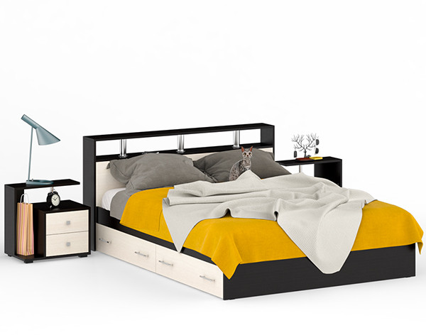 Камелия Кровать с ящиками 1600 + две тумбы, венге/дуб лоредо