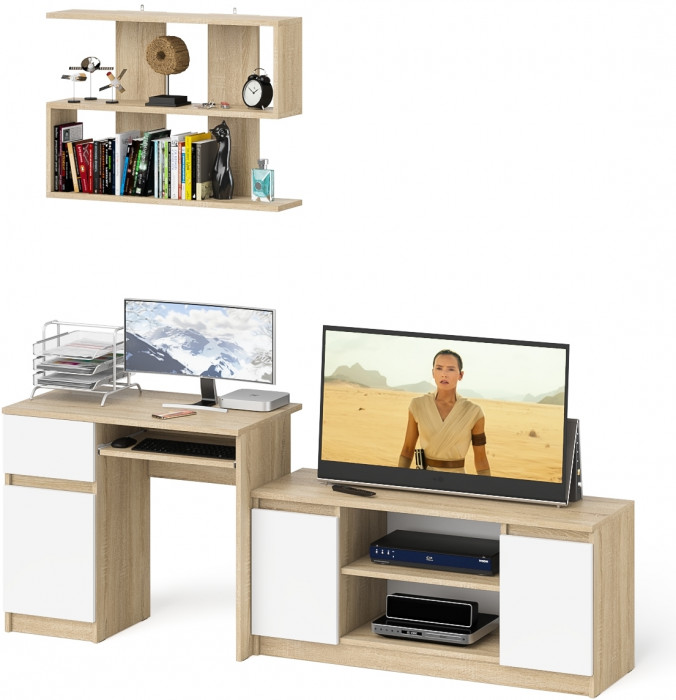 Мори компьютерный стол МС-1 левый + Тумба МТВ1200.1 + Полка 900, дуб сонома/белый