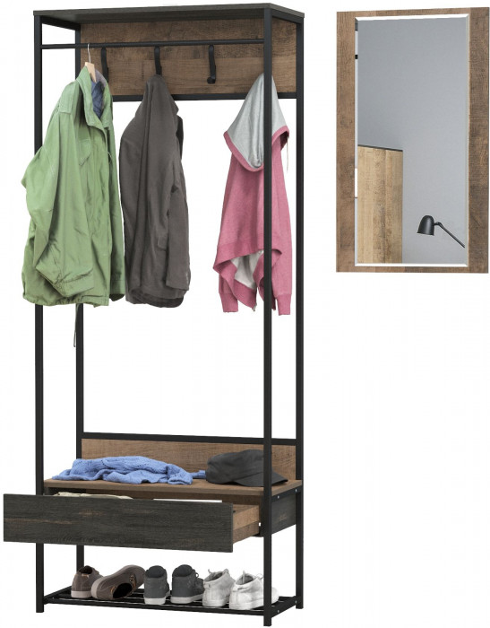 Трувор 15.120 Прихожая + 15.30 Зеркало, цвет дуб гранж песочный/интра, ШхГхВ 130х36,6х194,2 см., универсальная сборка