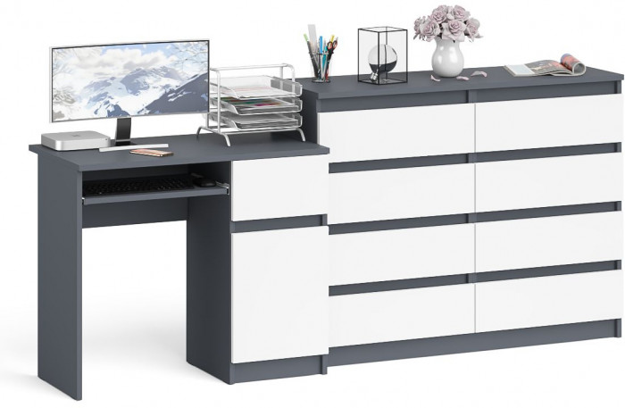 Мори компьютерный стол МС-1 правый + Комод МК1200.8, графит/белый