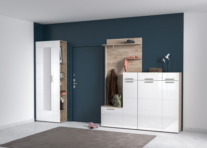 Лайн 13.121 Комод, цвет дуб крафт серый/фасады МДФ белый глянец, ШхГхВ 90х35х129,2 см., универсальная сборка