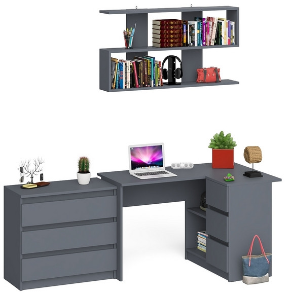 Мори компьютерный стол МС-16 правый + Комод МК800.1 + Полка 1200, графит