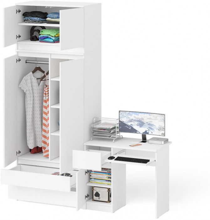 Мори Стол компьютерный МС-1 левый + Шкаф МШ900.1 + Антресоль МА900.1, цвет белый, ШхГхВ 180,4х50,4х234,2 см., выдвижной ящик слева, НЕ универс. сборка