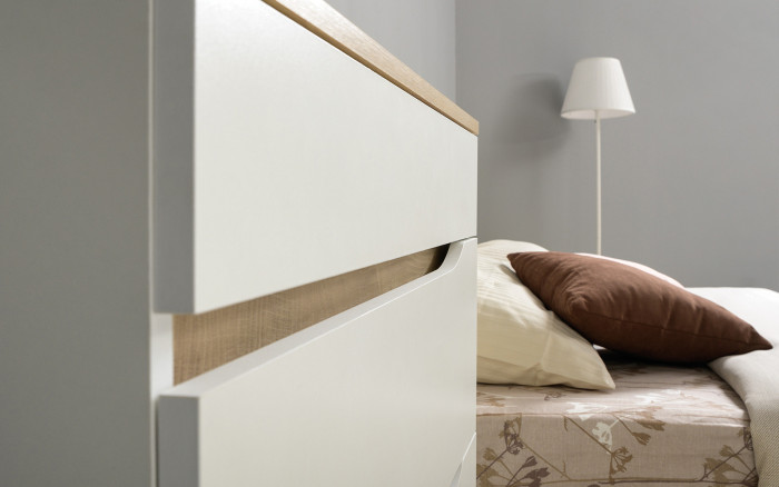 Муссон Кровать 11.41 + ортопед + Комод 13.97 + Тумба ТВ 13.276, цвет белый/чёрный/дуб эндгрейн элегантный, сп. м. 1600х2000 мм., б/м