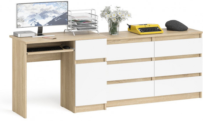 Мори компьютерный стол МС-1 правый + Комод МК1200.6, дуб сонома/белый