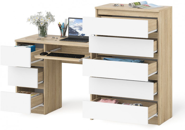 Мори компьютерный стол МС-6 левый + Комод МК700.5, дуб сонома/белый