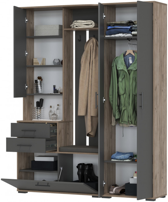 Прихожая 2-3430+2-3431дкт/граф Домино - Комплект для прихожей, цвет дуб крафт табачный/графит, ШхГхВ 160х36х202 см., универсальная сборка