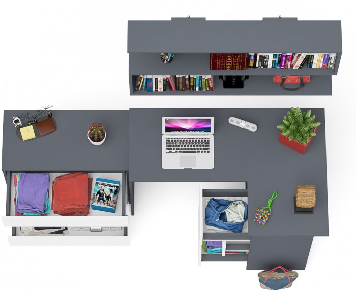 Мори компьютерный стол МС-16 правый + Комод МК800.1 + Полка 1200, графит/белый