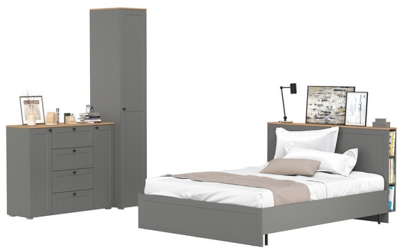 Остин 11.53 Кровать + ортопед + 13.225 Шкаф-пенал + 16.221 Комод, серый графит/дуб крафт золотой