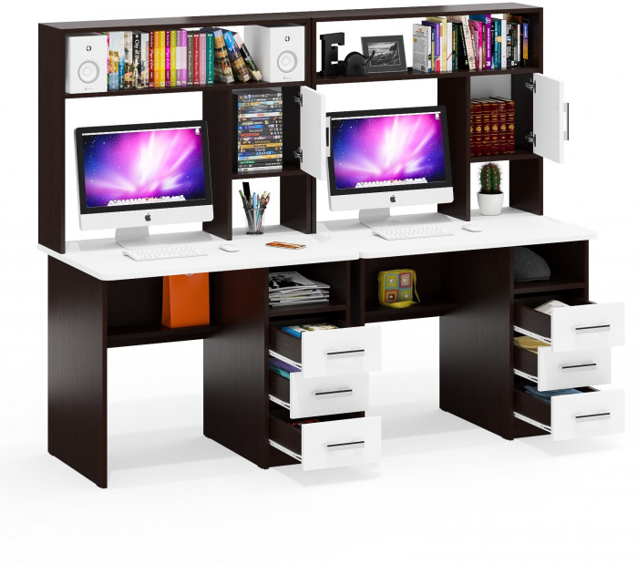 Стол компьютерный С-МД-СК9+Стол компьютерный С-МД-СК9, цвет венге/белый шагрень, ШхГхВ 204х70х160 см., НЕ универсальная сборка