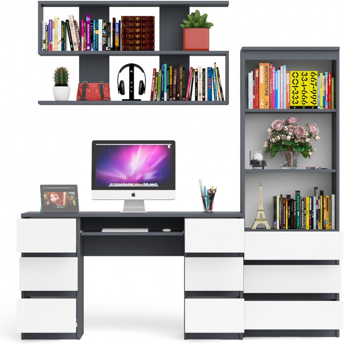 Мори компьютерный стол МС-2 + Стеллаж МСТ600.3 + Полка 1200, графит/белый