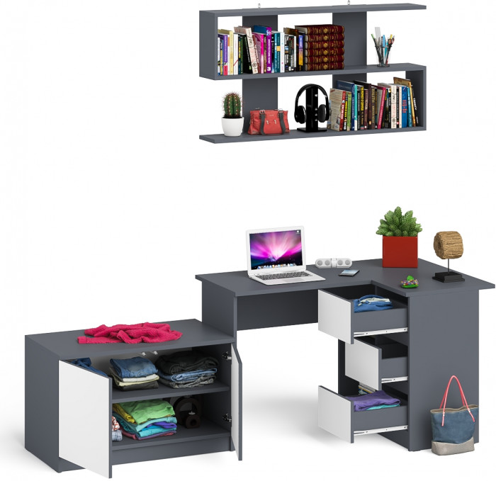 Мори Стол компьютерный МС-16 правый + Тумба МА900.1 + Полка 1200, цвет графит/белый, ШхГхВ 214,8х84,9х209,6 см., НЕ универсальная сборка