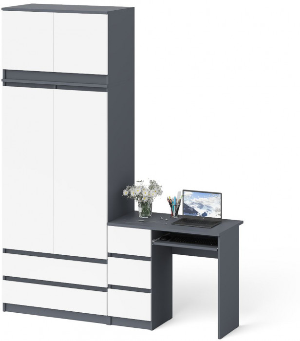 Мори Стол компьютерный МС-6 левый + Шкаф МШ900.1 + Антресоль МА900.1, цвет графит/белый, ШхГхВ 180,4х50,4х234,2 см., выдвиж. ящики слева, НЕ ун. сб.