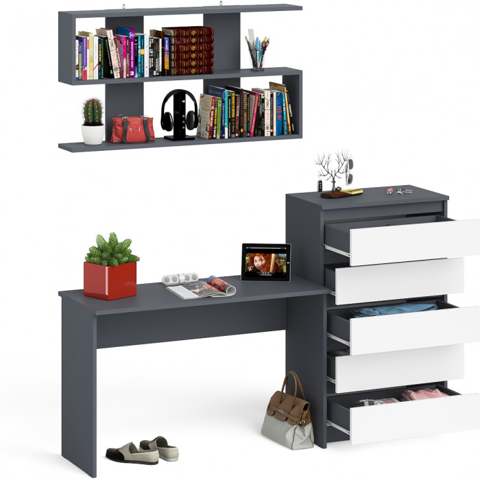 Мори Стол письменный МСП1200.1 + Комод МК700.5 + Полка 1200, цвет графит/белый, ШхГхВ 190,8х50х209,6 см., универсальная сборка