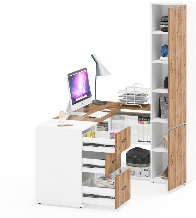 Лидер-8 Стол + Тумба МД 3.16 + Пенал МД 22Б, цвет белый шагрень/крафт золото, ШхГхВ 245х50/37,5х75/190 или 155х120/50х75/190 см., НЕ ун. сборка